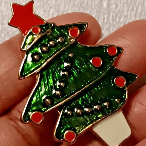 Christmas Tree Brooch Pin Green Red Holidays VTG - Picture 1 of 5